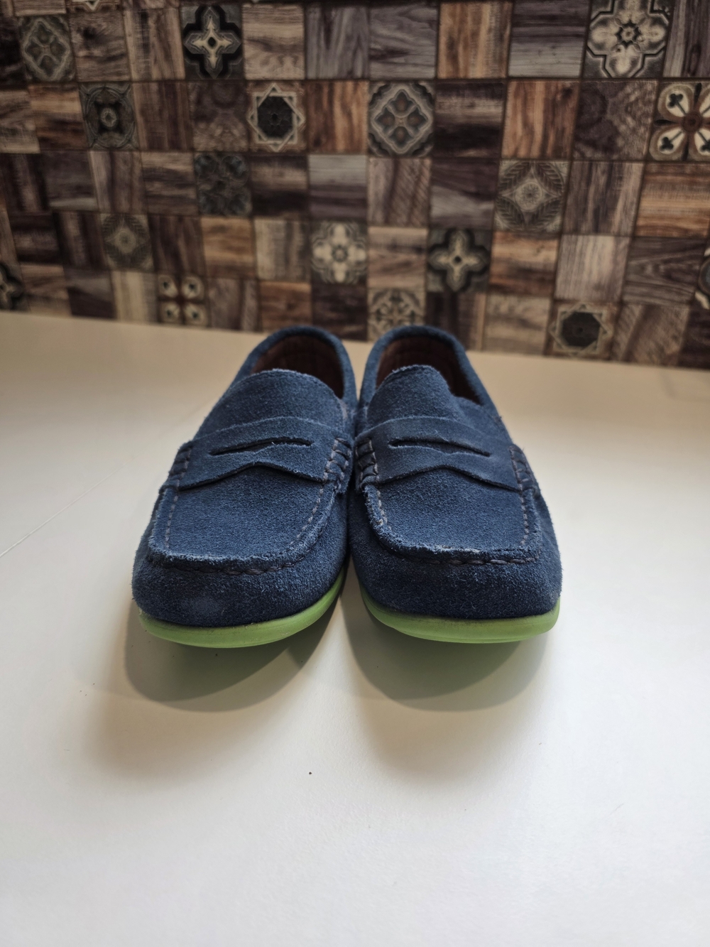 Florsheim Navy Suede Kids Penny Loafers with Lime Green Sole
